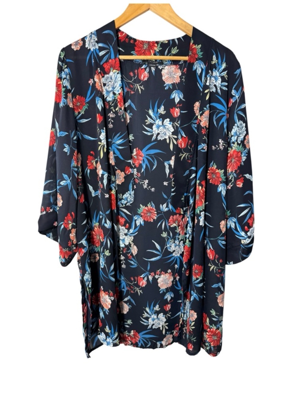 Tahari L/XL Navy Floral Semi Sheer Lightweight Kimono Cover-up
